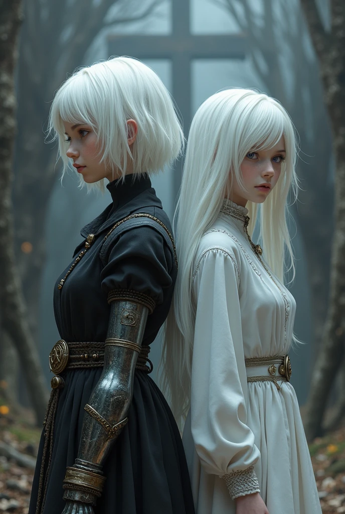 Two albino girls from the Middle Ages with white hair and soft violet eyes, back to back, with the one on the left having short hair wearing black alchemist clothes and her left arm with a raised steampunk prosthesis with a pentagram., and girl on the right in white nun clothes, and a cross necklace, facing an execution at the stake.