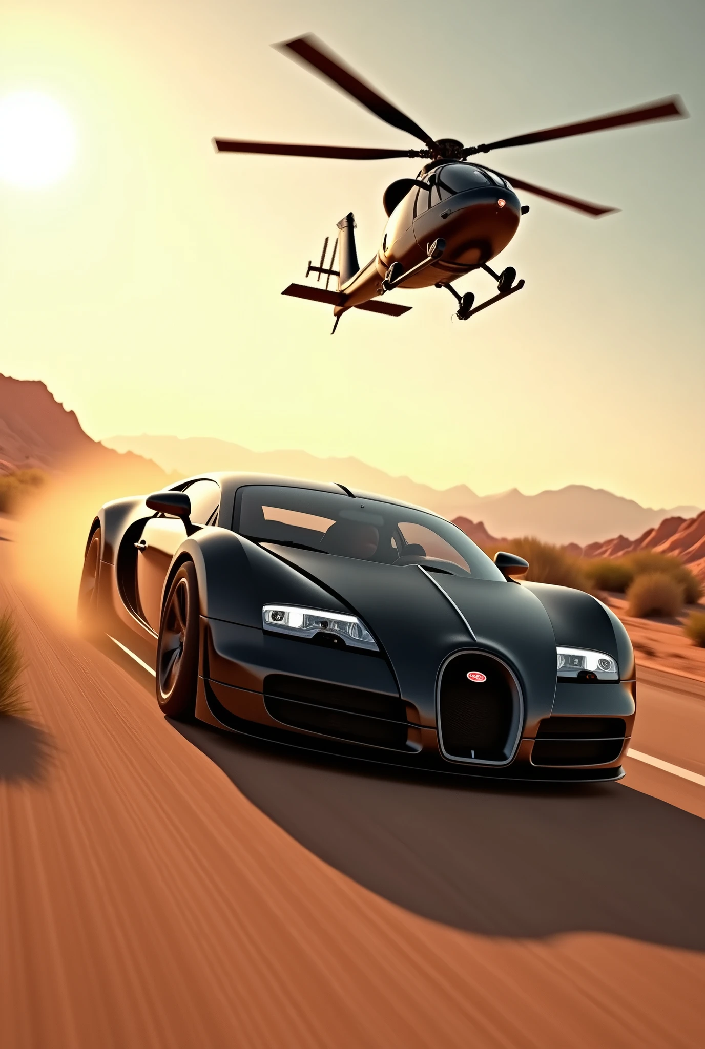 A stunning 3D render of the Bugatti Veyron speeding along a sandy road, with a police helicopter in hot pursuit. The luxurious black car is depicted with striking details, including its sleek design and glossy finish. The helicopter is shown from a low angle, capturing its menacing intent as it trails the high-speed vehicle. The desert landscape surrounding them is vast and barren, with a touch of dusk light illuminating the scene. The overall atmosphere is tense and thrilling, as if you're witnessing a high-stakes chase., 3d render