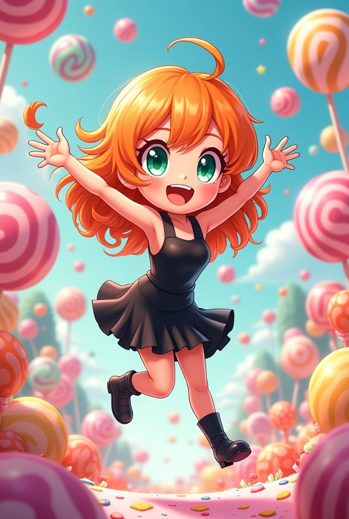 Candy background. 1 Chibi adult woman with orange hair and green eyes. Wearing a black dress and boots. Happy. Jumping. Blindbox-anime styled.