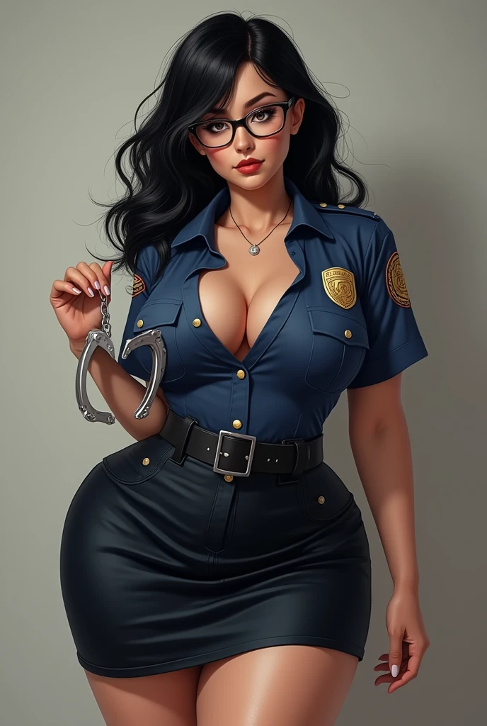 Drawing Fat sensual woman with glasses Round face Black hair dressed as a police officer and handcuffs on her hand