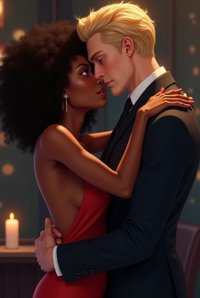  Realistic image of an African American woman with curly Afro hair tenderly hugging a man with blonde hair with blue eyes and muscular body in a black suit , showing love and affection. I imagine the focus would be on conveying the emotional connection between them., with an atmosphere that reinforces the warmth and intimacy of the moment. In a romantic and dark atmosphere 