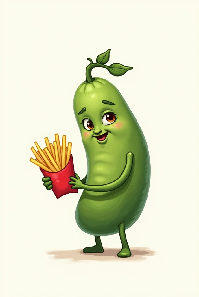 A bean with some French fries in hand, WITH WHITE BACKGROUND