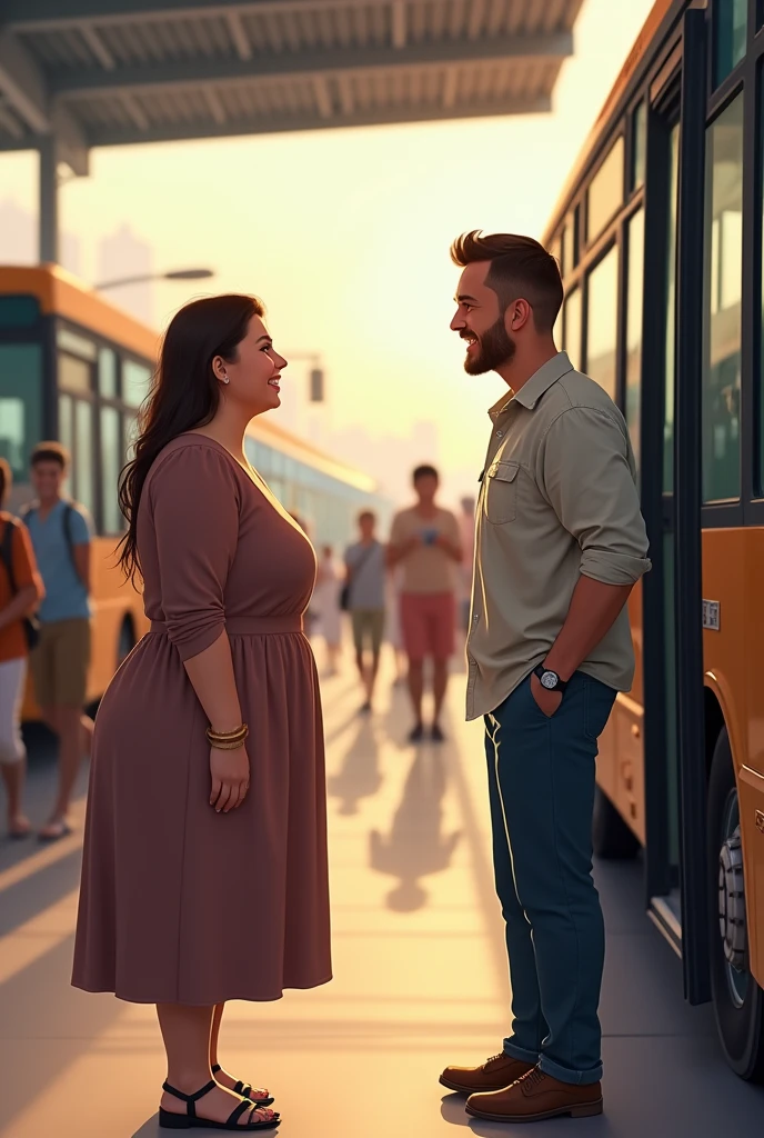 Generate image of an overweight woman, of dress, waiting for a tall, thin man, light outfits, get off the bus at the bus station. The man is at the bus door. They are happy to meet each other again.