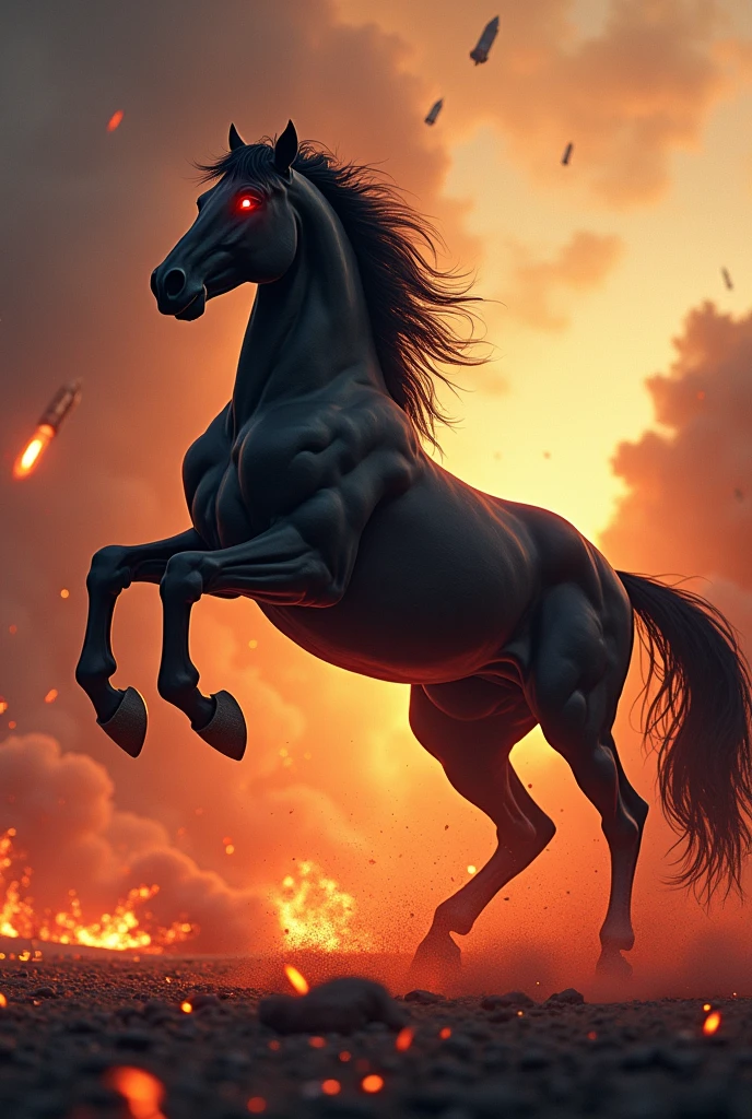 Erstelle ein Bild mit einem black
angreifenden aggressiven mächtigrn zugpferd hengst
mit übertriebenen herausstehenden Muskeln und Adern und feuerroten Augen, which stands on its hind legs and stretches its front hooves high in the air. black, carbonizing, flames ground in stomps. The background should be a flaming inferno so that you can see the heat. Rockets can be seen in the sky. In the sky is: ENGAGEMENT OPS