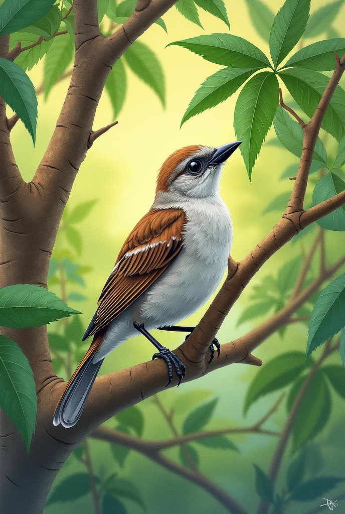 Create a drawing of a sparrow facing forward high in a tree by handing forward