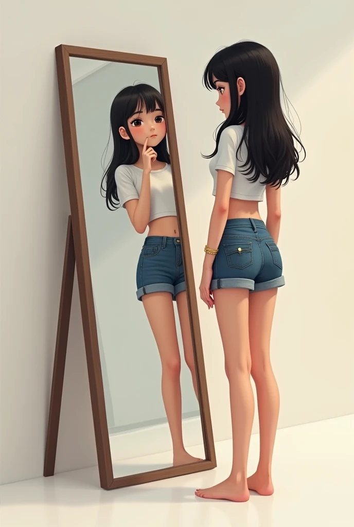 A short girl in short shorts and a short t-shirt with long hair standing in front of a mirror 