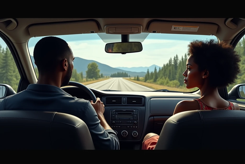 inside of a car with a road on the windshield, with a black male driver and a black female passenger next to him.