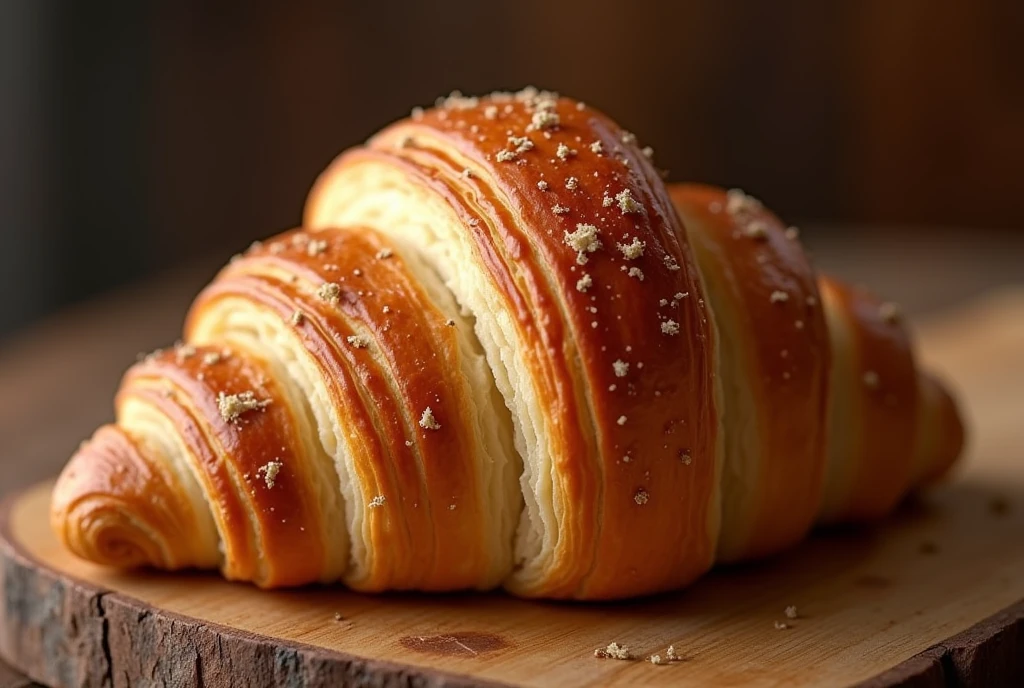 a delicious, freshly baked croissant, golden brown crust, flaky layers, buttery aroma, on a wooden table, soft lighting, photorealistic, masterpiece