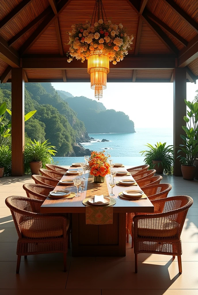(masterpiece:1.2, Highest quality, Ultra-high resolution, Very detailed, Realistic, RAW Photos:1.2, Elaborate photos), 8k, wallpaper, (Ray Tracing), Thai mansion, (Outdoor dining area with a large wooden table, Rattan chairs with plush cushions, Thai silk table runner and placemats, Tropical floral centerpiece, Hanging lanterns casting a warm glow, Overlooking the ocean and garden, Surrounded by lush greenery), A photo capturing the exquisite setting of an open-air dining area, perfect for enjoying meals with breathtaking views, rich in cultural detail and luxurious comfort, blending traditional Thai elements with modern elegance.