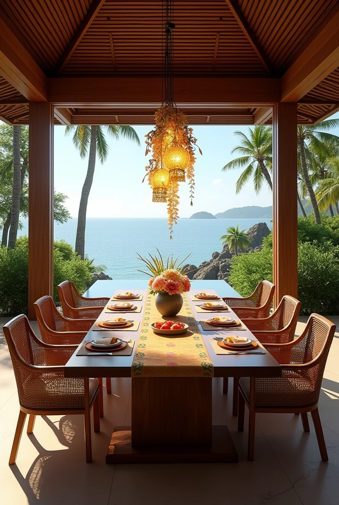 (masterpiece:1.2, Highest quality, Ultra-high resolution, Very detailed, Realistic, RAW Photos:1.2, Elaborate photos), 8k, wallpaper, (Ray Tracing), Thai mansion, (Outdoor dining area with a large wooden table, Rattan chairs with plush cushions, Thai silk table runner and placemats, Tropical floral centerpiece, Hanging lanterns casting a warm glow, Overlooking the ocean and garden, Surrounded by lush greenery), A photo capturing the exquisite setting of an open-air dining area, perfect for enjoying meals with breathtaking views, rich in cultural detail and luxurious comfort, blending traditional Thai elements with modern elegance.