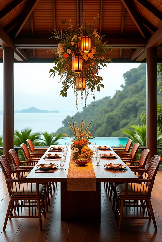 (masterpiece:1.2, Highest quality, Ultra-high resolution, Very detailed, Realistic, RAW Photos:1.2, Elaborate photos), 8k, wallpaper, (Ray Tracing), Thai mansion, (Outdoor dining area with a large wooden table, Rattan chairs with plush cushions, Thai silk table runner and placemats, Tropical floral centerpiece, Hanging lanterns casting a warm glow, Overlooking the ocean and garden, Surrounded by lush greenery), A photo capturing the exquisite setting of an open-air dining area, perfect for enjoying meals with breathtaking views, rich in cultural detail and luxurious comfort, blending traditional Thai elements with modern elegance.