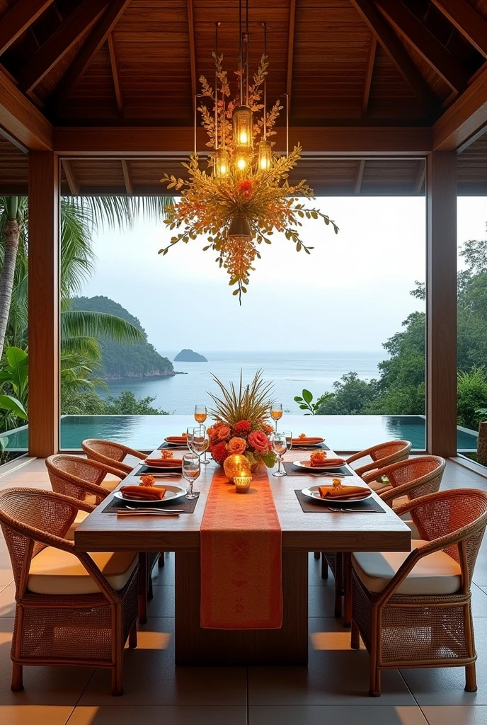 (masterpiece:1.2, Highest quality, Ultra-high resolution, Very detailed, Realistic, RAW Photos:1.2, Elaborate photos), 8k, wallpaper, (Ray Tracing), Thai mansion, (Outdoor dining area with a large wooden table, Rattan chairs with plush cushions, Thai silk table runner and placemats, Tropical floral centerpiece, Hanging lanterns casting a warm glow, Overlooking the ocean and garden, Surrounded by lush greenery), A photo capturing the exquisite setting of an open-air dining area, perfect for enjoying meals with breathtaking views, rich in cultural detail and luxurious comfort, blending traditional Thai elements with modern elegance.