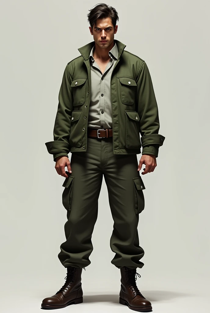 Image of a person, male, rebel, contestant, anarchist and anti-system with his shirt closed, long pants, green jacket 