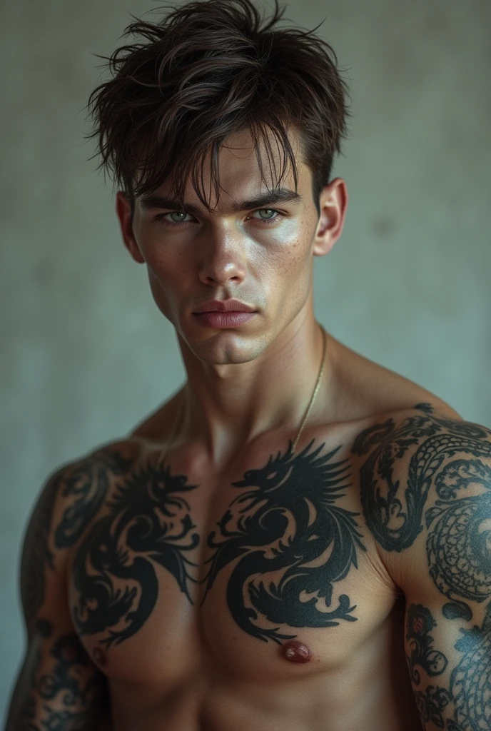 Create a young man with pale skin, seriously intimidating, with a very marked jaw and pronounced cheekbones. His eyes are grey and his hair is brown and messy.. His body is athletic and he has a broad back as well as his shoulders.. He has tattoos all over his arms. (On one arm he has a complete dragon)