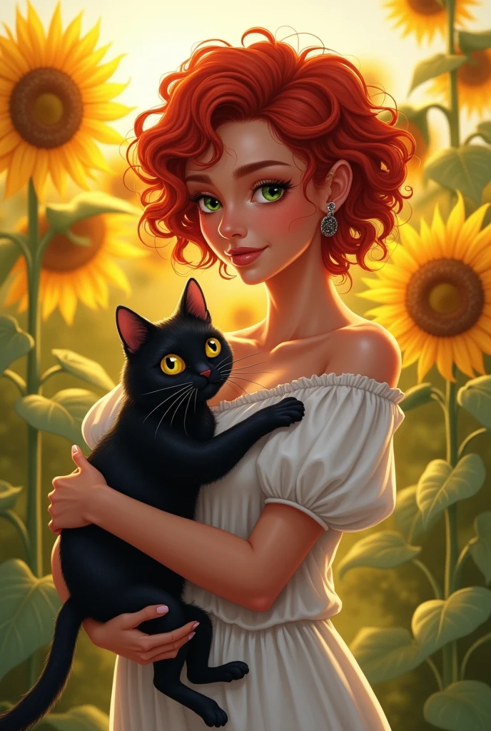 Red-haired and curly woman, short hair and good septum ring piercing and white and fat, with green eyes in a field of sunflowers, lovingly hugging a black cat with bright yellow eyes.