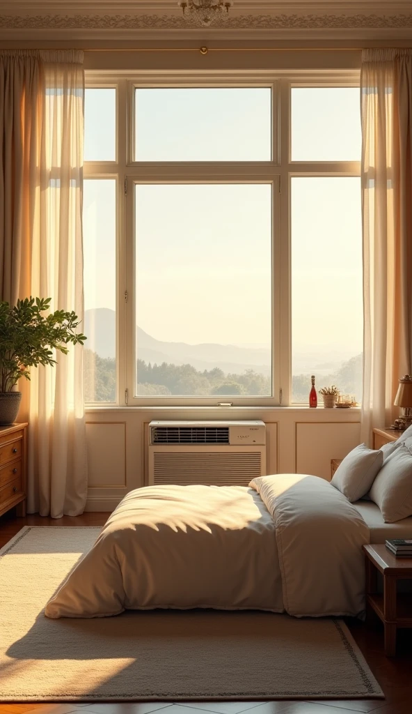 An air conditioner in a luxurious ambience bedroom, its a sunny day