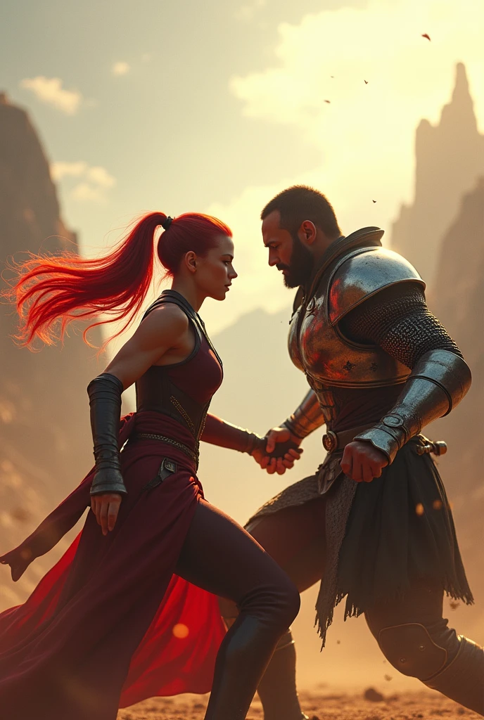 Create a 2-man tournament fight, one with long red hair tied in a ponytail and the other with half armor, both seen from afar