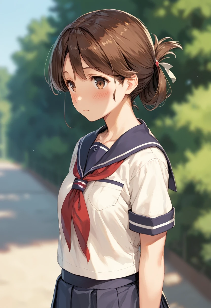 score_9,score_8_up,score_7_up,source_アニメ,cowboy shot,Idealized Forms,Natural Light,details background,blurry background,extremely detailed,inazuma (kancolle), brown_hair, folded_ponytail, brown_eyes, long_hair, 
skirt, school uniform,(blush)