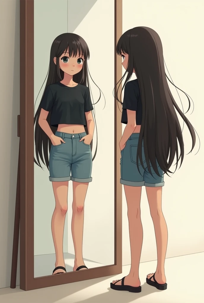 A short girl in short shorts and a short t-shirt with very long hair stands in front of a mirror 