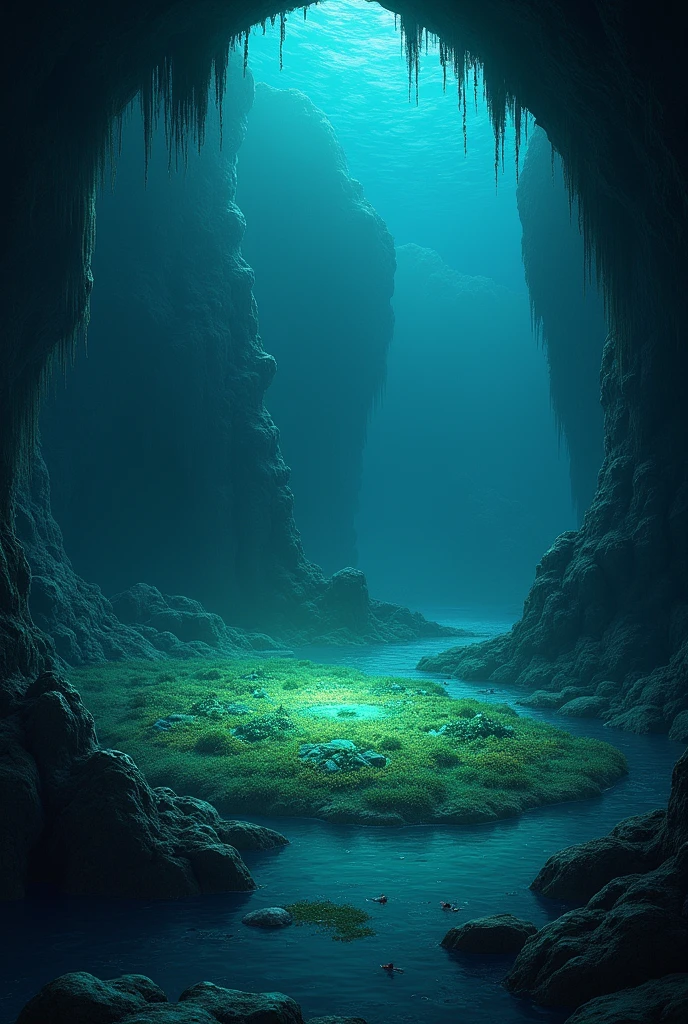 deep dark grotto patch of glowing moss under the ocean, suken ruins