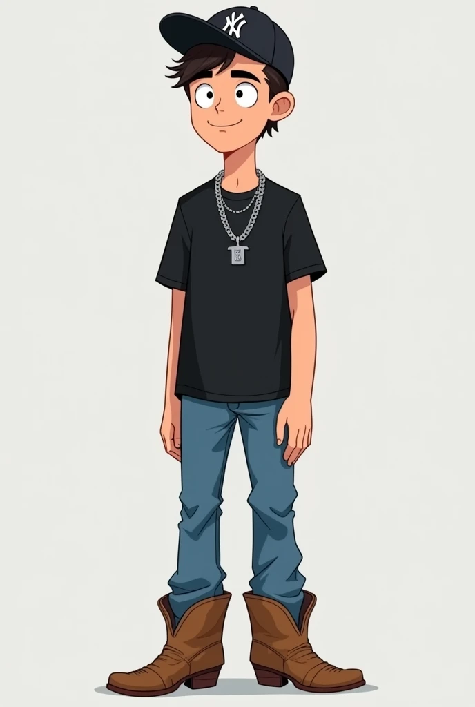 
Create an image of a tall, thin young man, in adventure time style drawing animation. The young man must be standing, with an upright posture and an exaggerated expression of confidence. He is wearing a black short-sleeved T-shirt and blue jeans that are slightly baggy on him.. Wear brown cowboy boots. In your head, He wears a black cap with a white &#39;NY&#39; logo (New York Yankees), in a slightly exaggerated way. around your neck, There is a silver chain that shines against the black shirt. His arms are relaxed at his sides and his posture conveys a mixture of serenity and self-confidence.. The background is a solid light grey to keep the focus on the character, highlighting animation