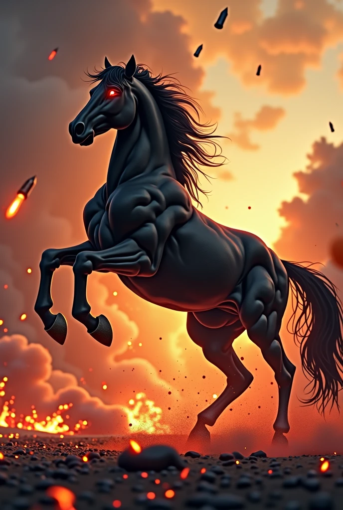 Create an image with a black attacking aggressive powerful draft horse stallion with exaggerated prominent muscles and veins and fiery red eyes, which stands on its hind legs and stretches its front hooves high in the air. black, carbonizing, flames ground in stomps. The background should be a flaming inferno so that you can see the heat. Rockets can be seen in the sky. In the sky is: ENGAGEMENT OPS