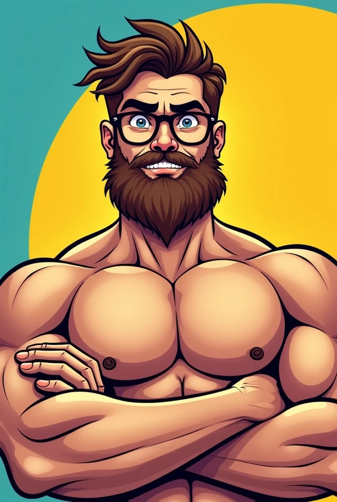 A cartoon drawing of a handsome muscular man with glasses and a very cartoonish beard