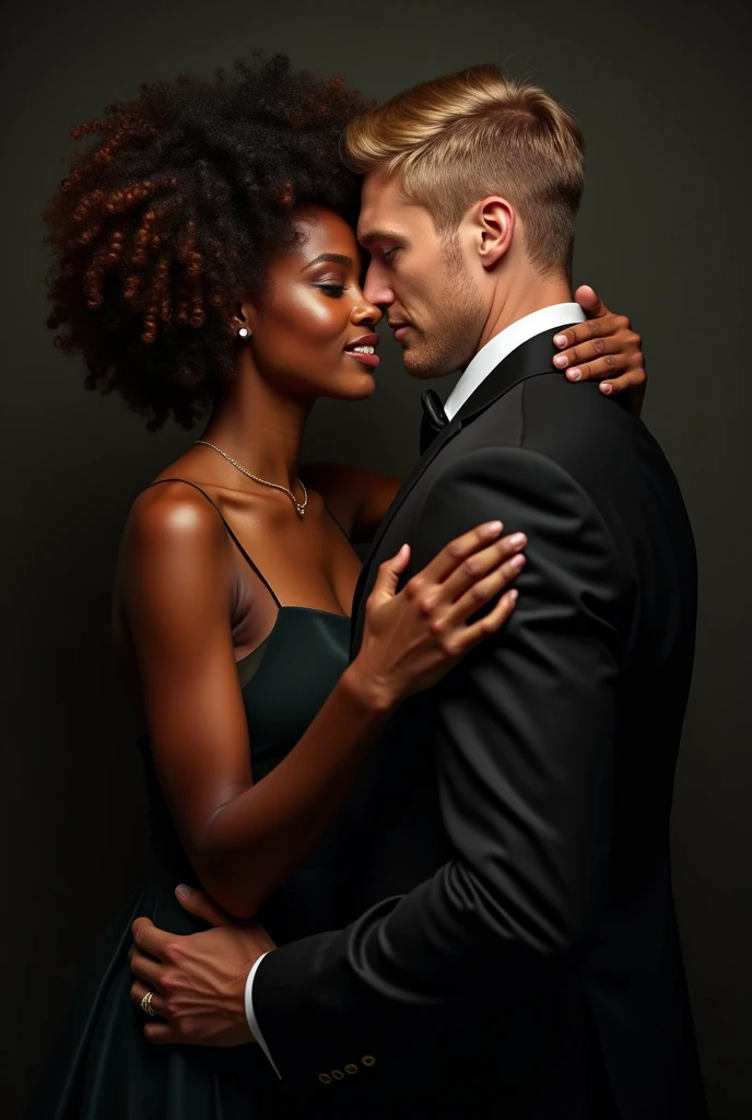  Realistic image of an African American woman with curly Afro hair tenderly hugging a man with blonde hair with blue eyes and muscular body in a black suit , showing love and affection. I imagine the focus would be on conveying the emotional connection between them., with an atmosphere that reinforces the warmth and intimacy of the moment. In a romantic and dark and passionate atmosphere 