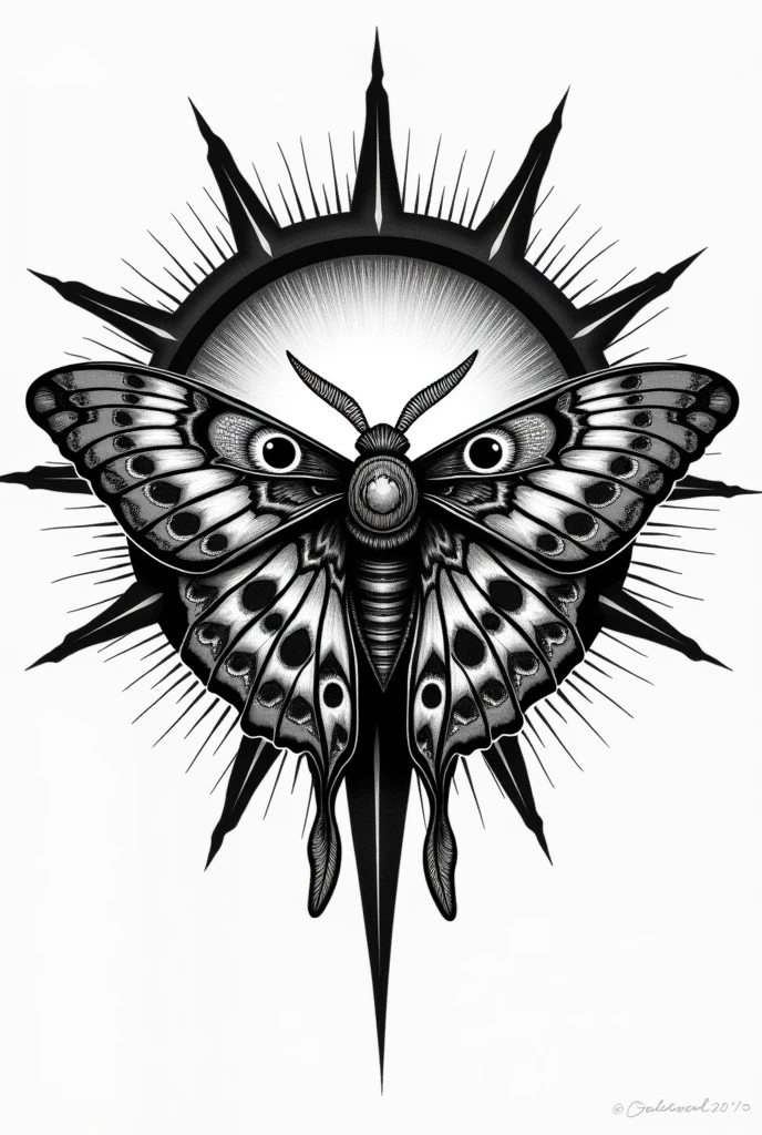 Logo design, highly detailed, black and white illustration of a atlas moth. The atlas moth is centrally positioned and appears to be intricately designed with a mix of geometric and organic patterns. The wings of the moth are spread open, showcasing elaborate details including symmetrical patterns that resemble a combination of traditional tattoo designs and fine linework.

Behind the moth, there is a circular, starburst-like design. This background element features jagged, pointed edges radiating outward, adding a sense of dynamism and energy to the image. The contrast between the sharp, angular lines of the background and the more fluid, organic shapes of the moth creates a striking visual effect.

Overall, the image has a bold, almost graphic novel or tattoo-inspired aesthetic, combining elements of nature with a modern, stylized interpretation. The monochromatic color scheme further emphasizes the intricate details and contrasts within the composition.