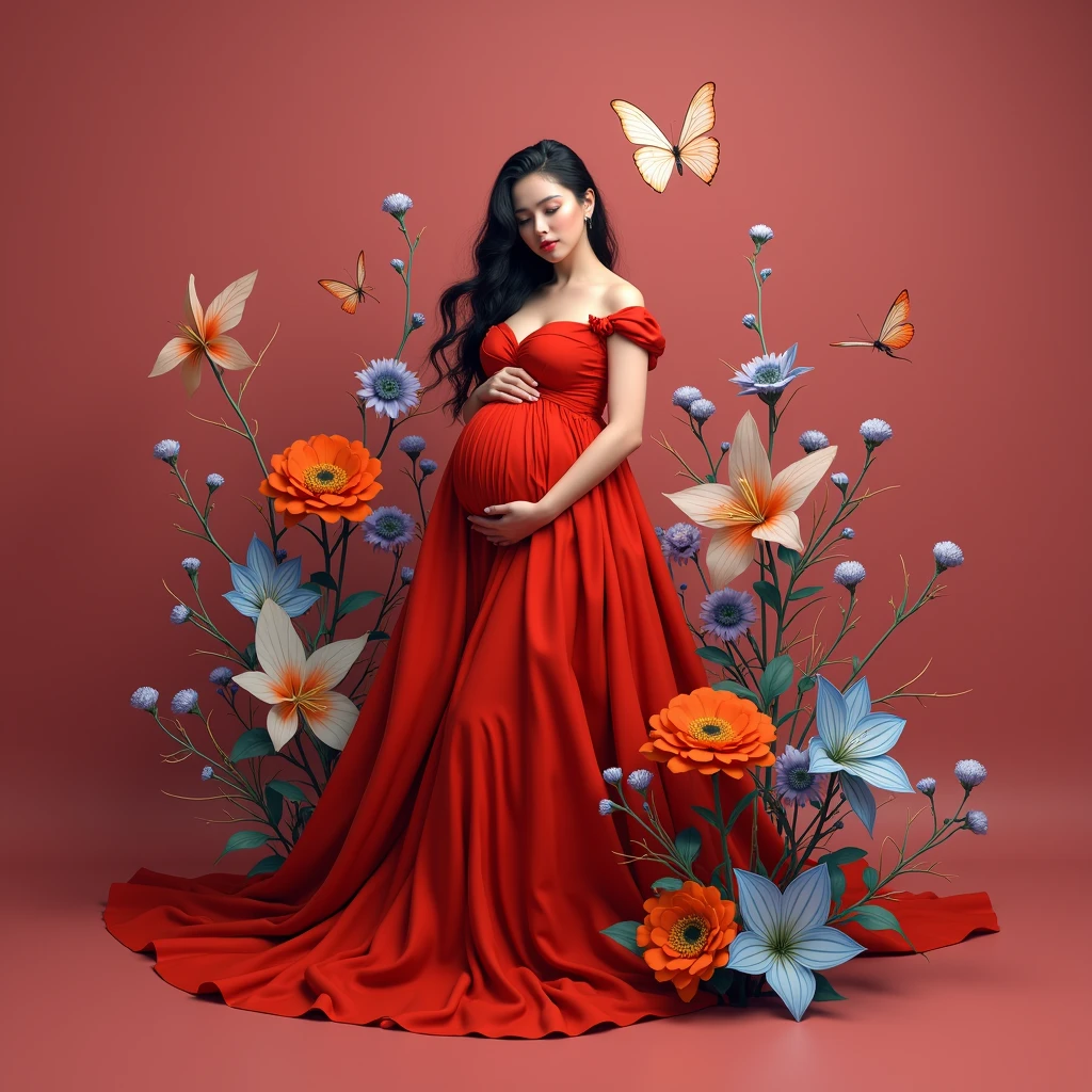 pregnant woman in red gown surrounded by flowers and butterflies, a colourised photo by Elena Guro, trending on cg society, conceptual art, blue and pink colors, blue and pink color scheme, blue and pink, maternal photography 4 k, pastel blues and pinks, pink and red colors, pink and blue colour, red and pink colour splash, pink and blue