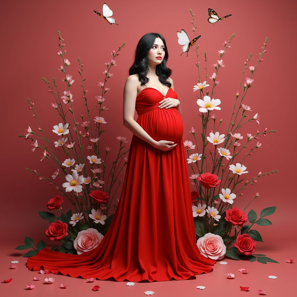 pregnant woman in red gown surrounded by flowers and butterflies, a colourised photo by Elena Guro, trending on cg society, conceptual art, blue and pink colors, blue and pink color scheme, blue and pink, maternal photography 4 k, pastel blues and pinks, pink and red colors, pink and blue colour, red and pink colour splash, pink and blue