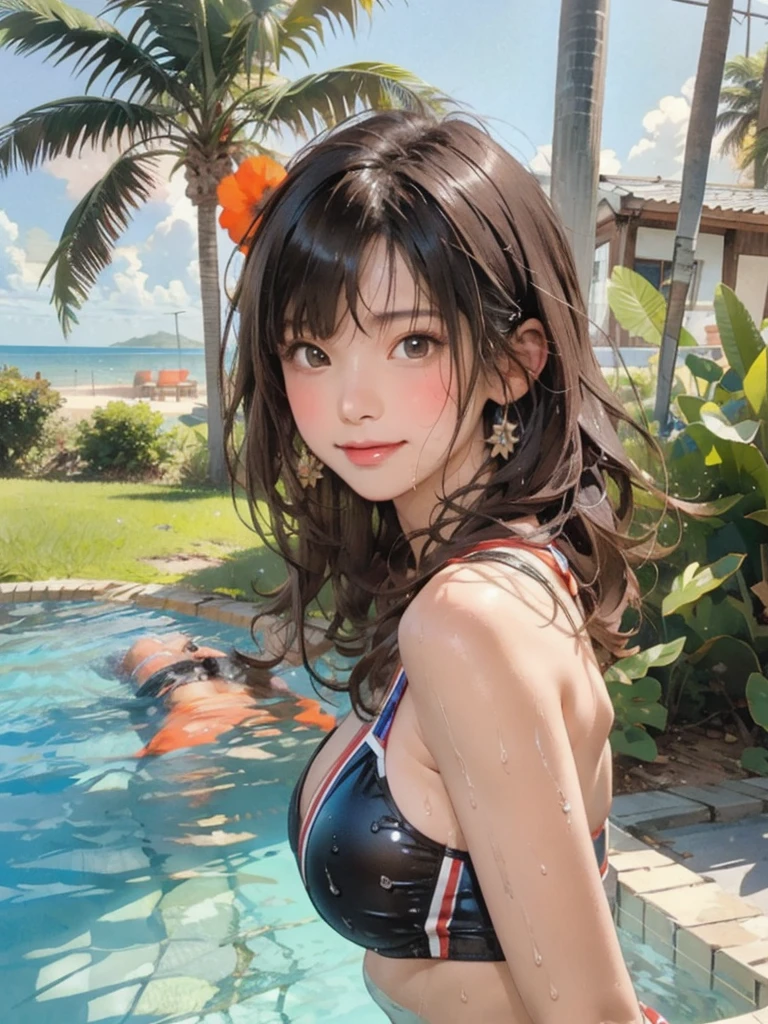 ((highest quality, masterpiece, High resolution)), ((reality)),Photos of beautiful Japanese women,((anime art))、 (((1 girl))), normal size breasts, slim body shape, long ponytail,double eyelid, Wet see-through bikini,Clean abs, A pareo with bold ethnic patterns and plenty of primary colors、(Brown skin:1.4),realistic skin、Wet,whole body,cinematic light、tropical、Against the background of palm trees on both sides、on a sunny beach、With the sea in the background、blur background、smile