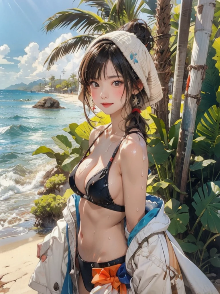 ((highest quality, masterpiece, High resolution)), ((reality)),Photos of beautiful Japanese women,((anime art))、 (((1 girl))), normal size breasts, slim body shape, long ponytail,double eyelid, Wet see-through bikini,Clean abs, A pareo with bold ethnic patterns and plenty of primary colors、(Brown skin:1.4),realistic skin、Wet,whole body,cinematic light、tropical、Against the background of palm trees on both sides、on a sunny beach、With the sea in the background、blur background、smile