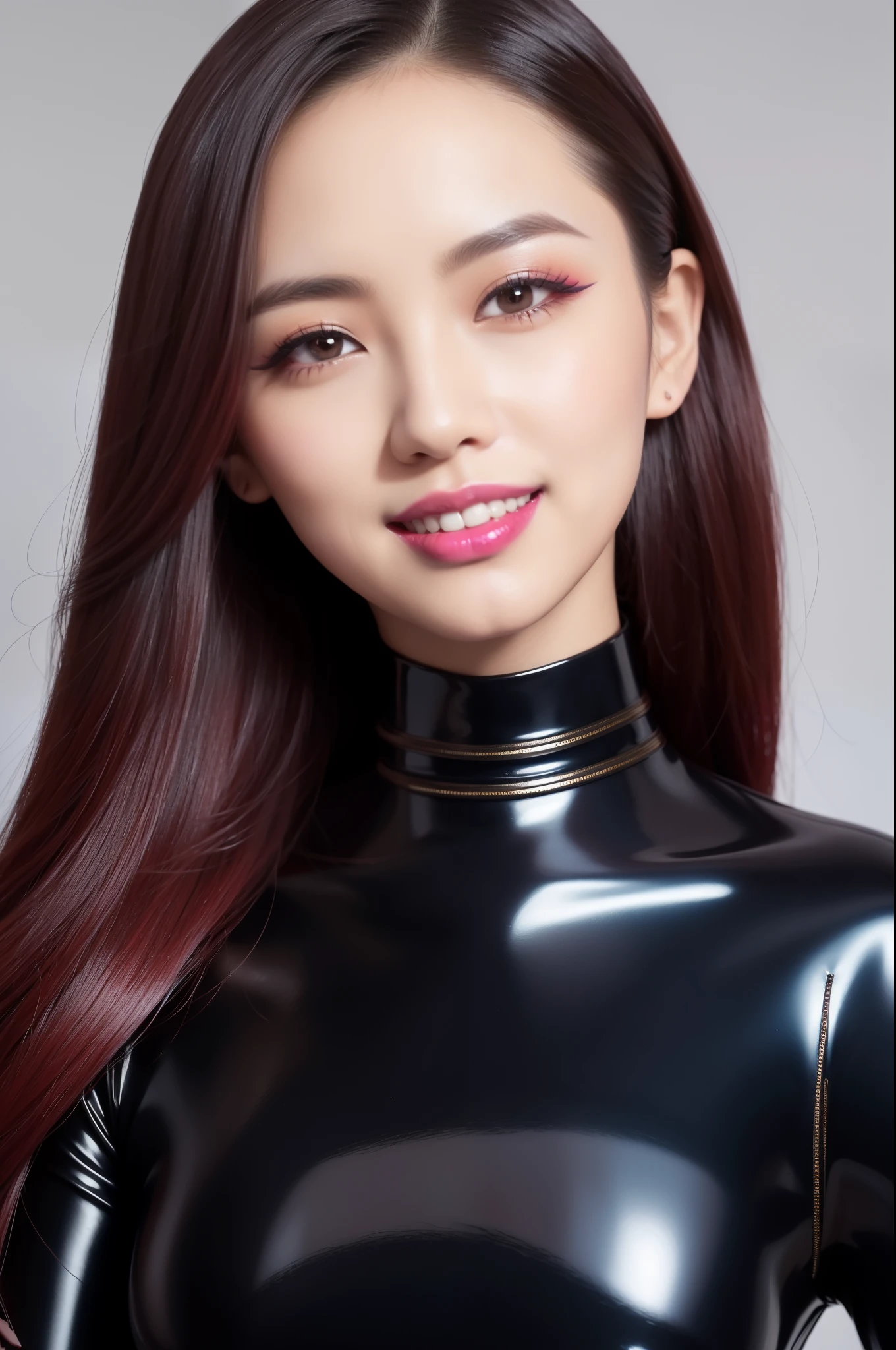 nsfw、sexy asian fashion model、glossy lipstick、smiling face、defined eyebrows、ultra detailed drama makeup、long lashes、full body Esbian、ultra detailed latex business dress、latex choker、latex bracelets、colorful hair、vivid colors