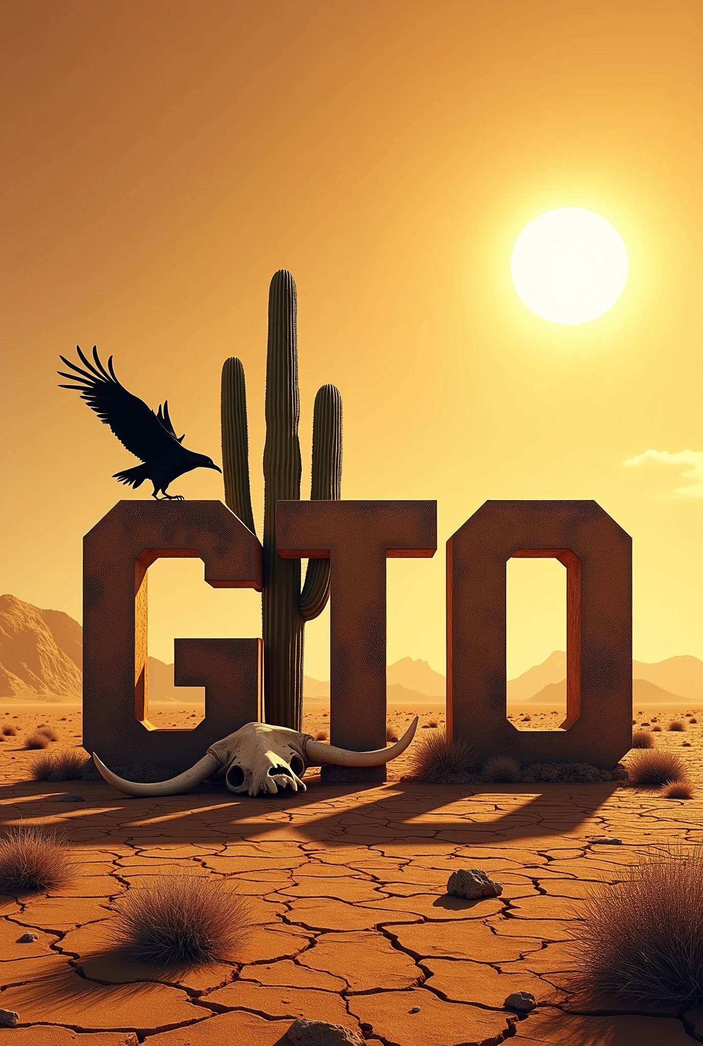 PICTURE REALISTIC, with the name GTO in large in the center of the image. a cactus behind, a cattle skull next to the cactus and a black vulture flying in the sky, the dry and cracked soil of drought, and a bright sun in the sky.