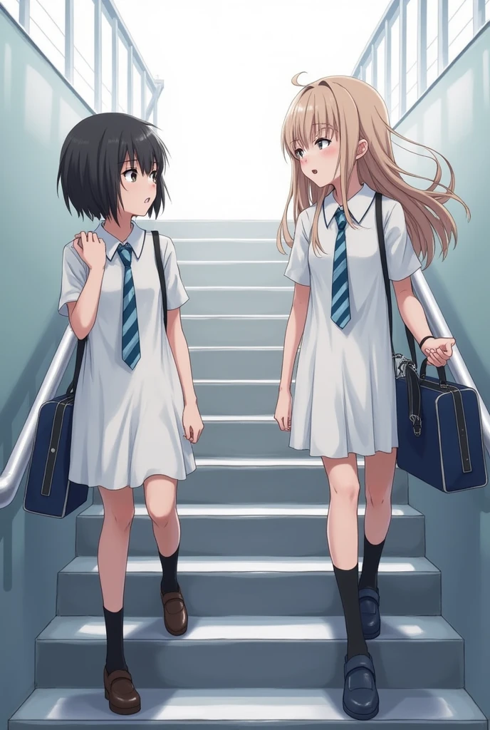 Short hair girl's school bay stuck with long hair girl's school bag .They are in school stairs with their school uniform.they wear white frock uniform with blue and white line tie. short hair girl has very short haircut.they are sulking with each other
