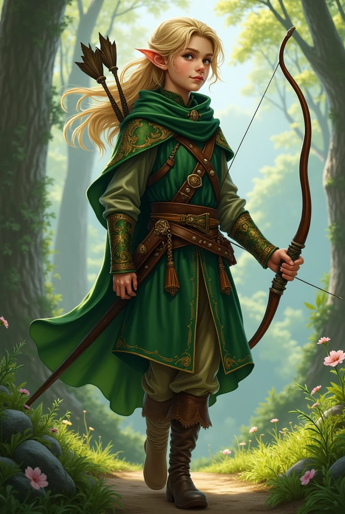 in a medieval world.
A male elf boy, Blonde hair and green eyes,wearing very beautiful green clothes , a bow and arrow and a sword on his back
