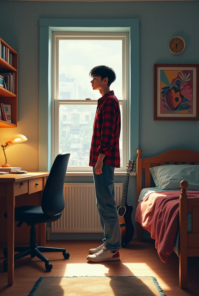 A tall man in his late teens with center-parted black hair and a simple mid-90s outfit stood in his simple dorm room, his easygoing demeanor believing both artistry and fear as he glanced at the colorful pictures. The room was a good size, with simple furniture and a laid-back atmosphere.