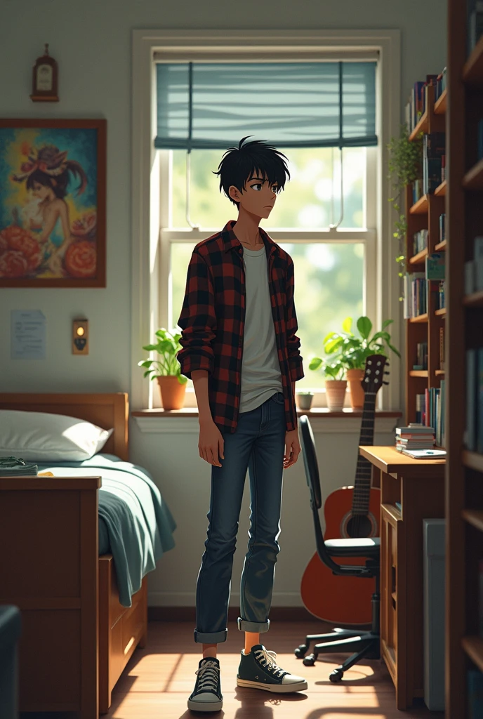 A tall man in his late s with center-parted black hair and a simple mid-90s outfit stood in his simple dorm room, his easygoing demeanor believing both artistry and fear as he glanced at the colorful pictures. The room was a good size, with simple furniture and a laid-back atmosphere.
