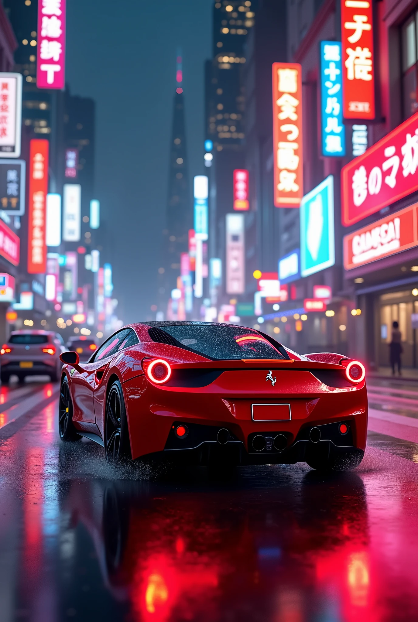 A red Ferrari 458 italia car, driving through a neon city at night, lots of glowing signs