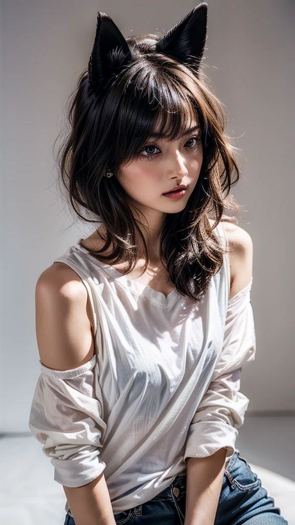 One person, animal_ear_Fluff, animal_ears, 前hair, just_shoulder, black_hair, blush, chest, cin_ears, Closed_mouth, Eyebrow_appear_Through_hair, green_eye, gray_background, hair_between_eye, Khalil_(Princess_Connecting!), length_hair, Looking_in_Audience, Moderate_chest, Multicolor_hair, shirt, Simple_background, No sleeve, No sleeve_shirt, 一人in, upper_body, white_background, white_shirt,