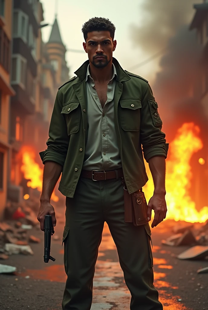 Image of a person, male, rebel, contestant, anarchist and anti-system with his shirt closed, long pants, green jacket . In the background a street on fire