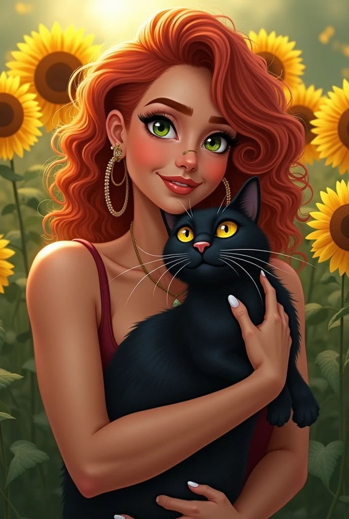 Obese red-haired and curly woman, short hair and good septum hoop piercing and white, with green eyes in a field of sunflowers, lovingly hugging a black cat with bright yellow eyes.
