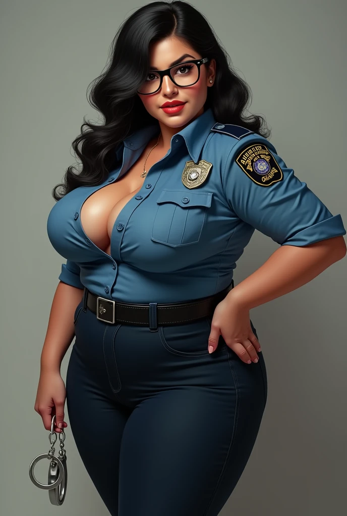 Drawing Fat sensual woman with glasses Round face Black hair dressed as a police officer and handcuffs on her hand