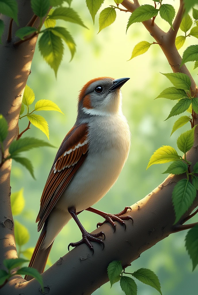 Create a drawing of a sparrow facing forward high in a tree by handing forward

