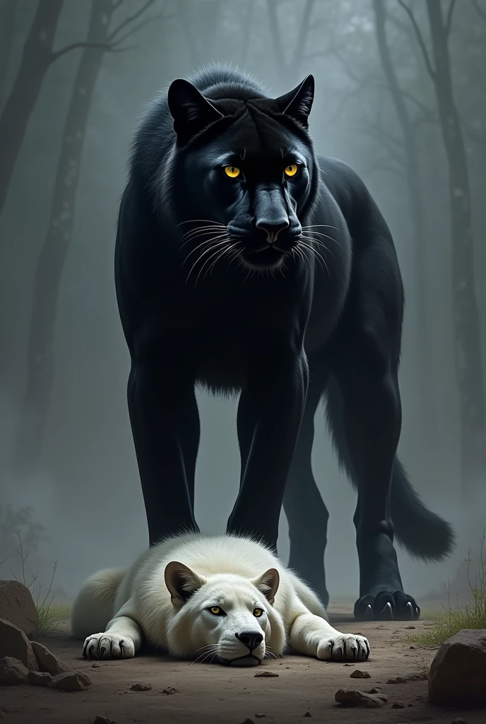 Black panther standing on a dead white wolf  