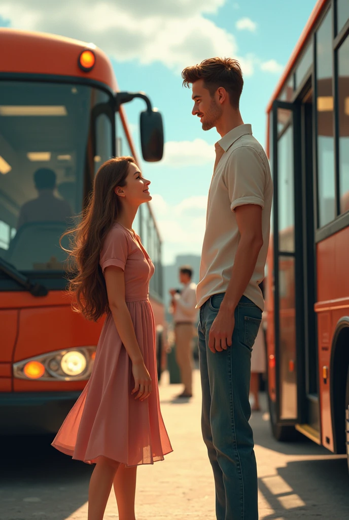 Generate an image of a woman who is not thin, in blouse and skirt, waiting for a tall, thin man, light outfits, get off the bus at the bus station. The man is at the bus door. They are happy to meet each other again.