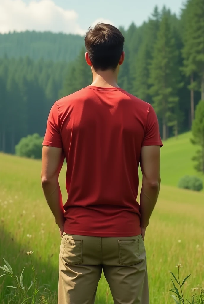 A tall, somewhat strong man with short, brown hair wearing a red t-shirt and beige pants with his back turned and his hands in his pockets and a natural landscape, with grass and forest behind. PICTURE REALISTIC.