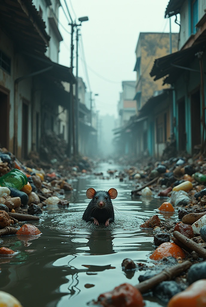 Flood in a Brazilian city with trash and a rat in evidence
