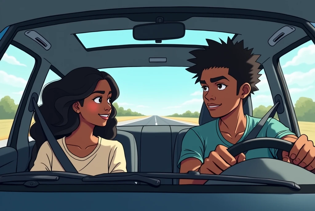 inside of a car with a road on the windshield, with a black male driver and a black female passenger next to him in anime style